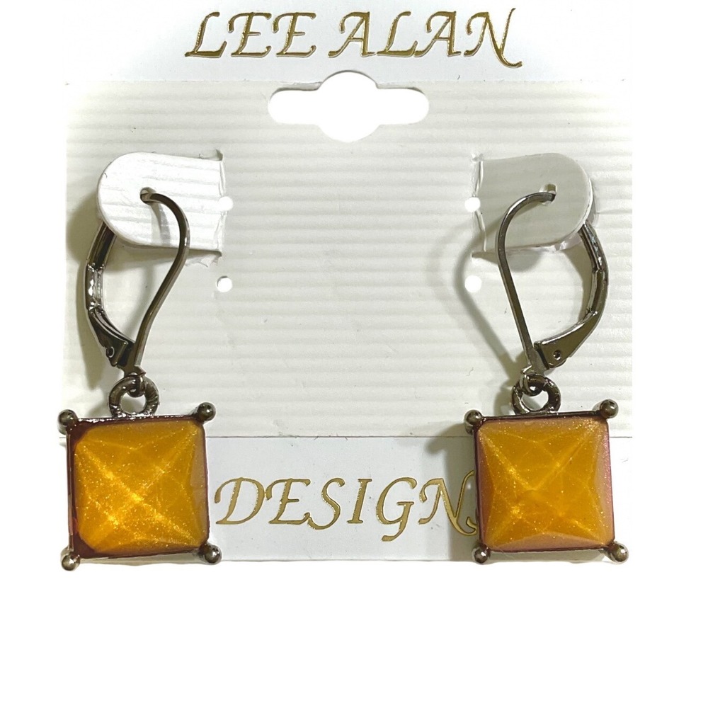 Lee Alan Designs Silver Tone Earrings Square Amber Dangle Lever Back Jewelry